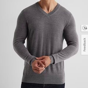 EXPRESS Men's V-Neck 100% Merino Wool Heather Gray Sweater Machine Wash Medium